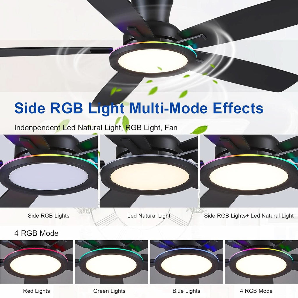 52 Inch Black Flush Mount Ceiling Fan RGB LED Light