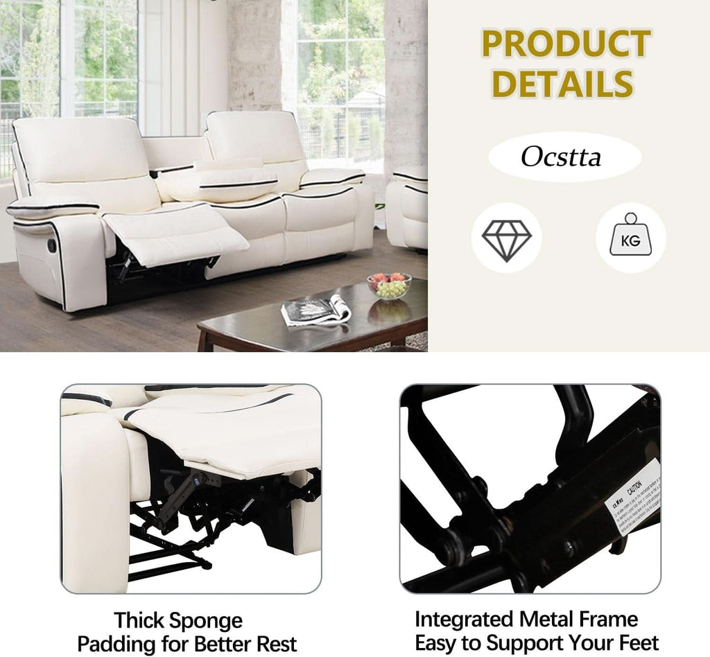 Creamy White Leather Recliner Sofa Set With Storage Console