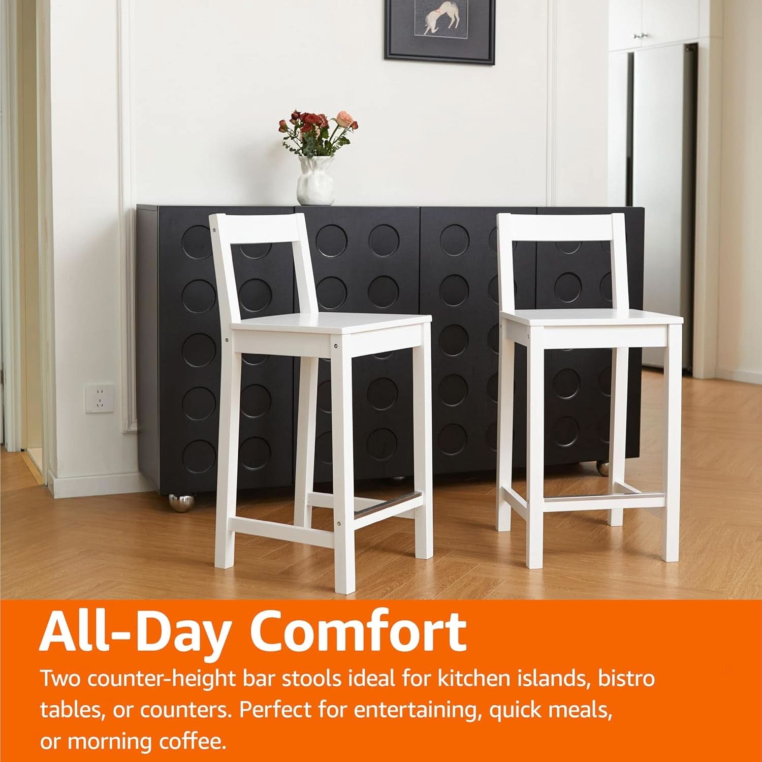 White Wooden Bar Stool With Backrest, Counter Height