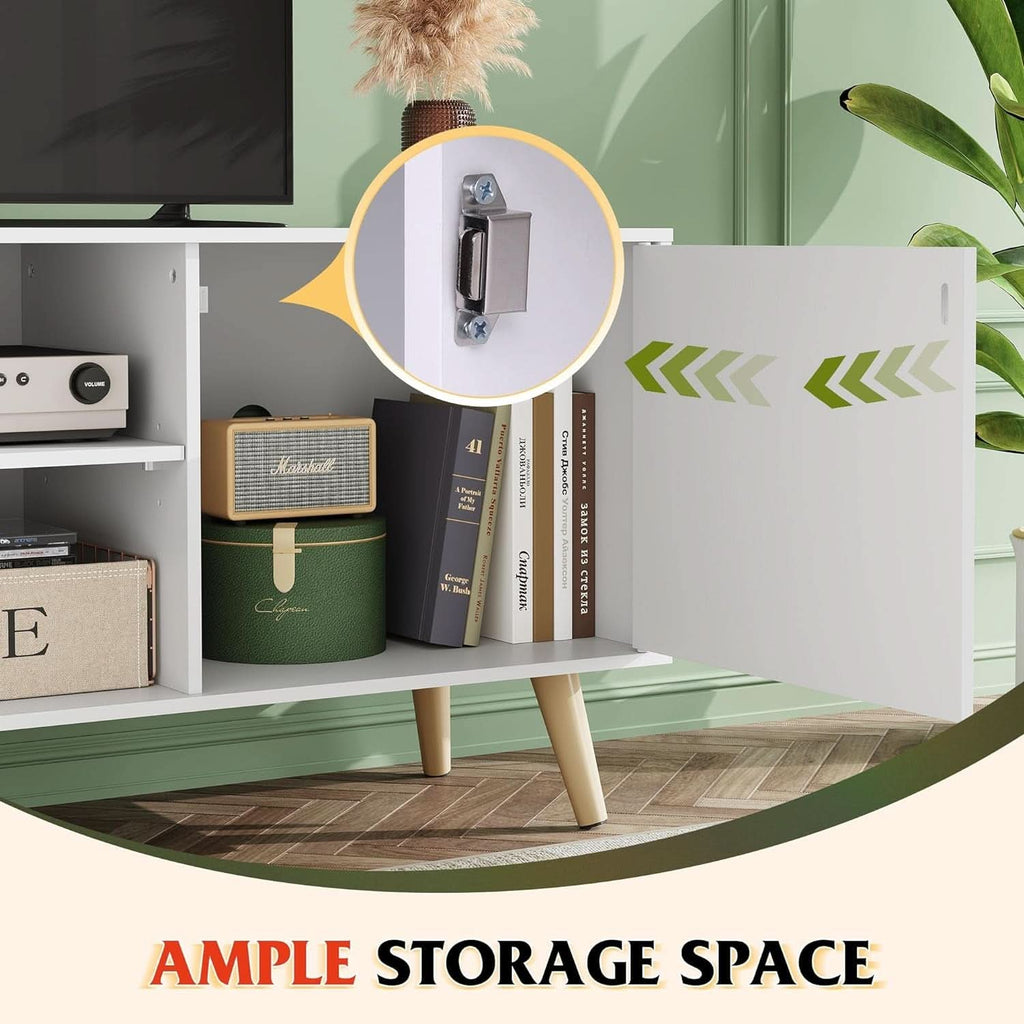 55-Inch TV Stand White Mid-Century Modern Storage Shelves