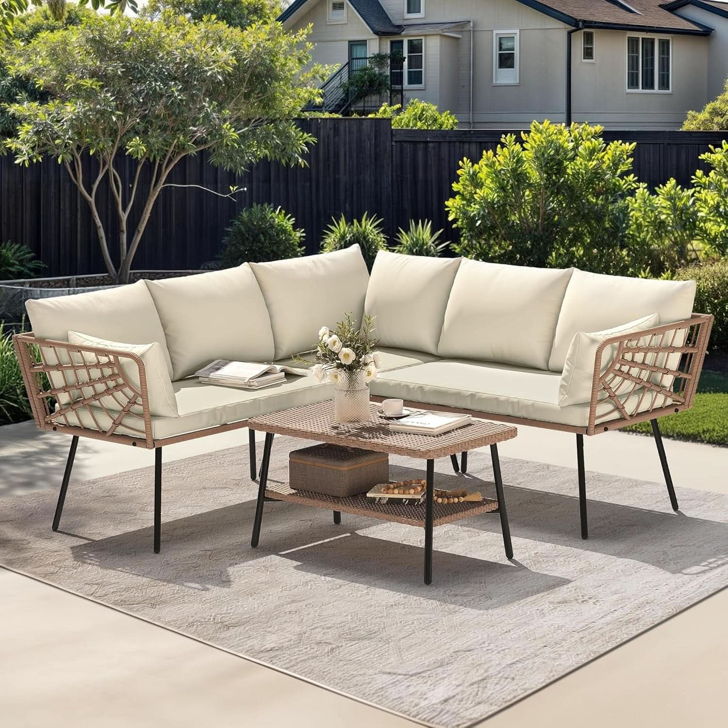 L-Shaped Outdoor Sofa Set with Thick Cushions