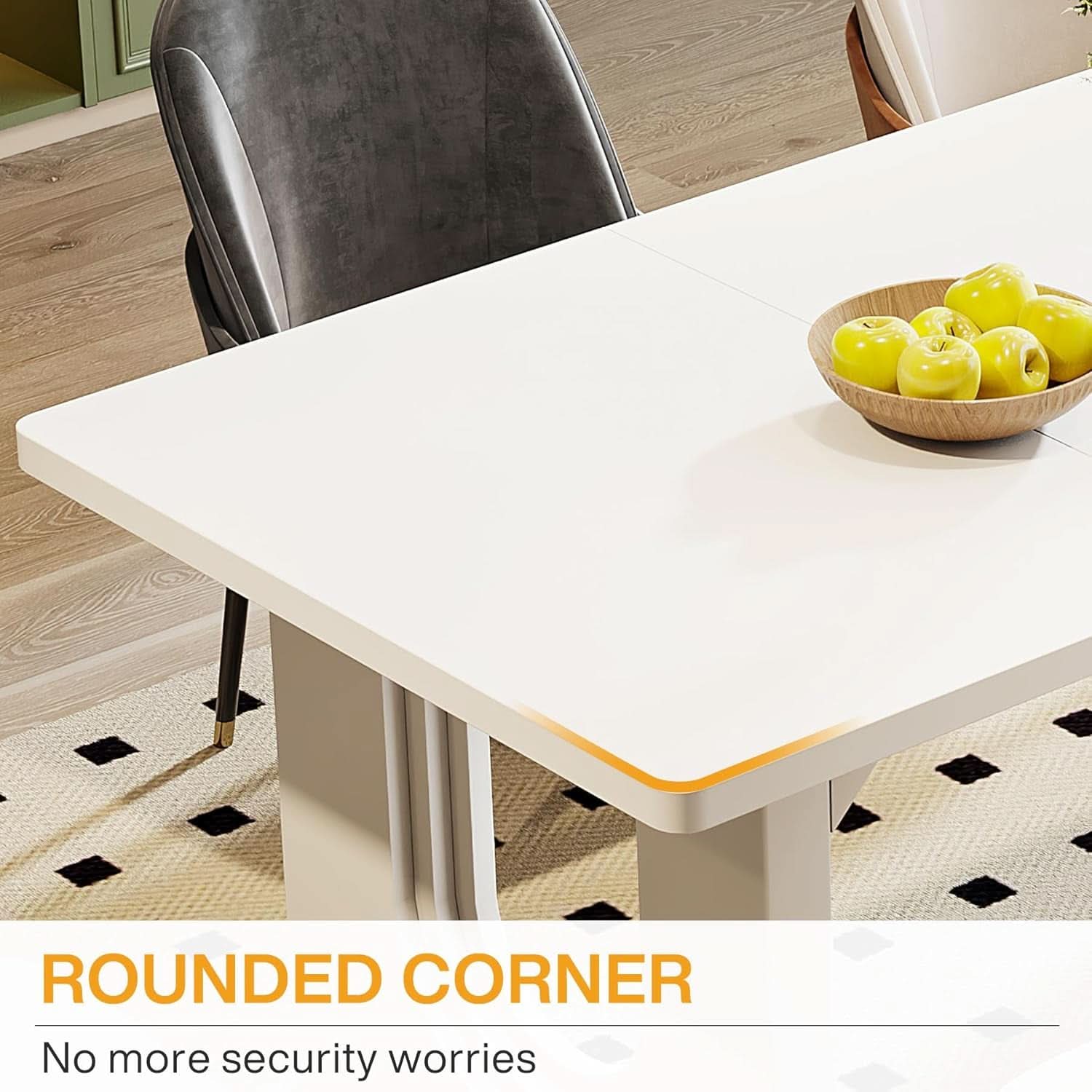 Modern White Dining Table 71 Inch With Wood Pedestal Base
