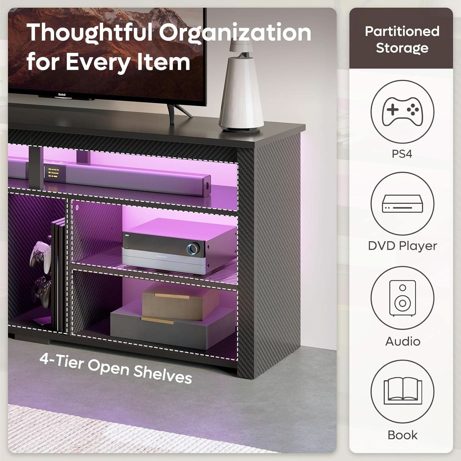 LED Tall TV Stand For 55-65 TV With Adjustable Shelves