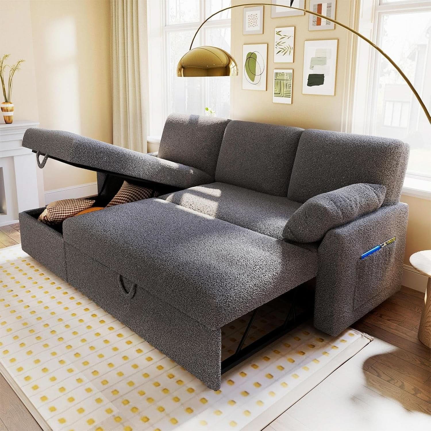 Grey Boucle Upholstered Convertible Sofa Bed Storage