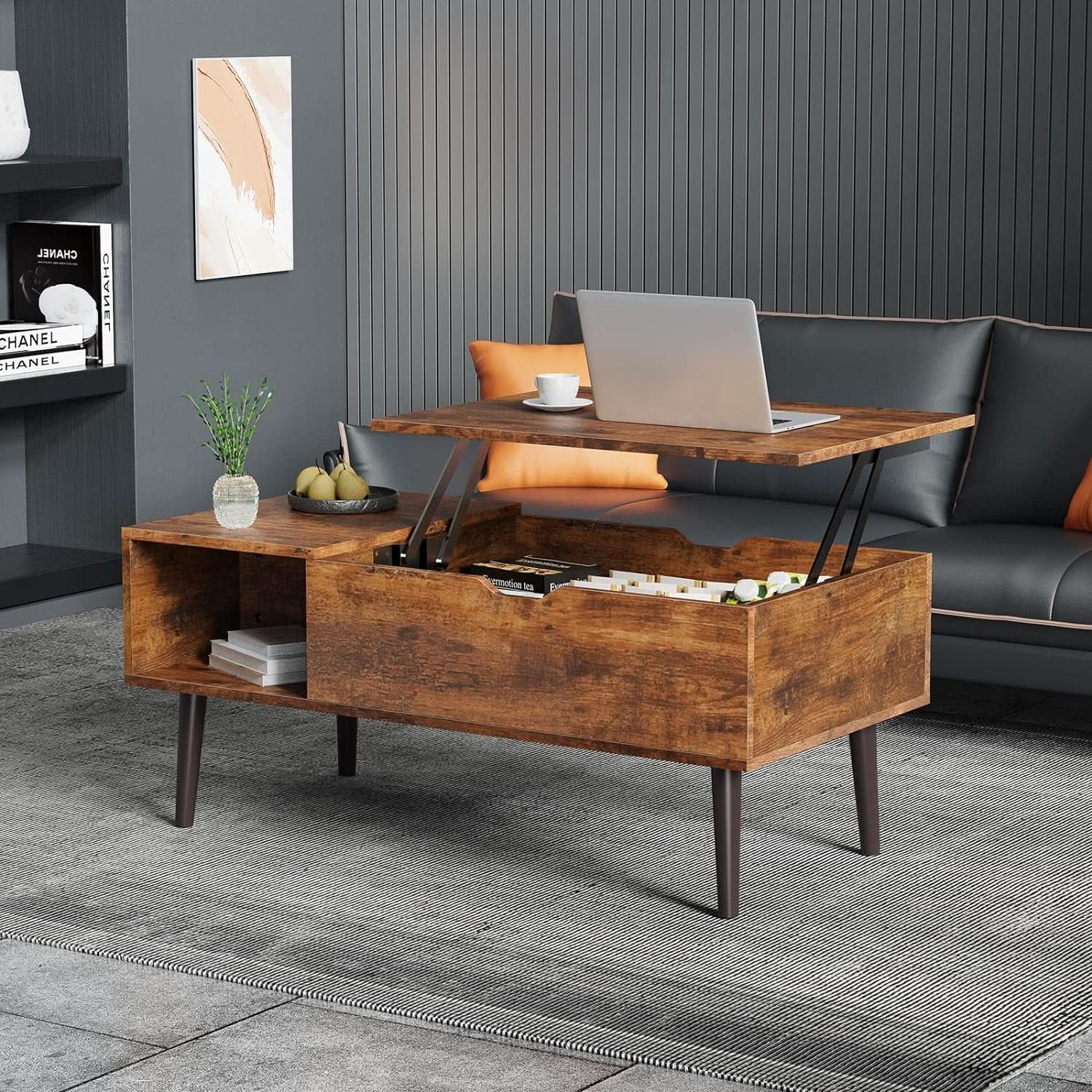 Brown Lift Top Coffee Table With Storage And Hidden Compartment