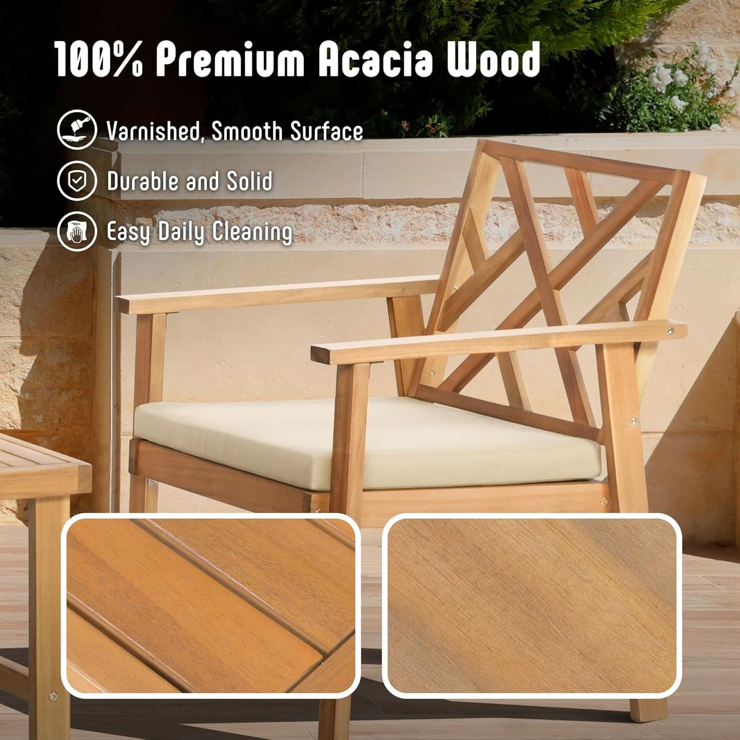 3 Piece Outdoor Patio Furniture Set Acacia Wood Cushioned Chairs And Coffee Table