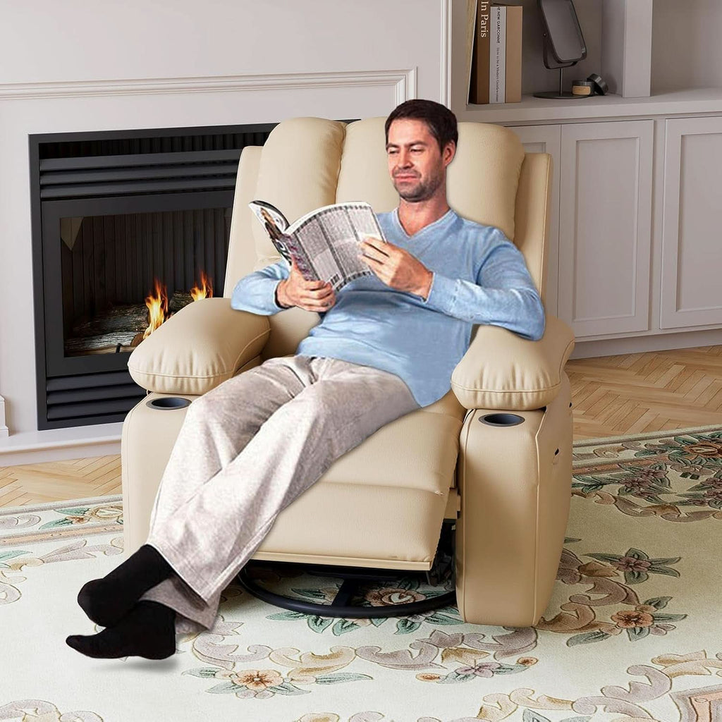 Beige Leather Manual Recliner Chair With Cup Holders