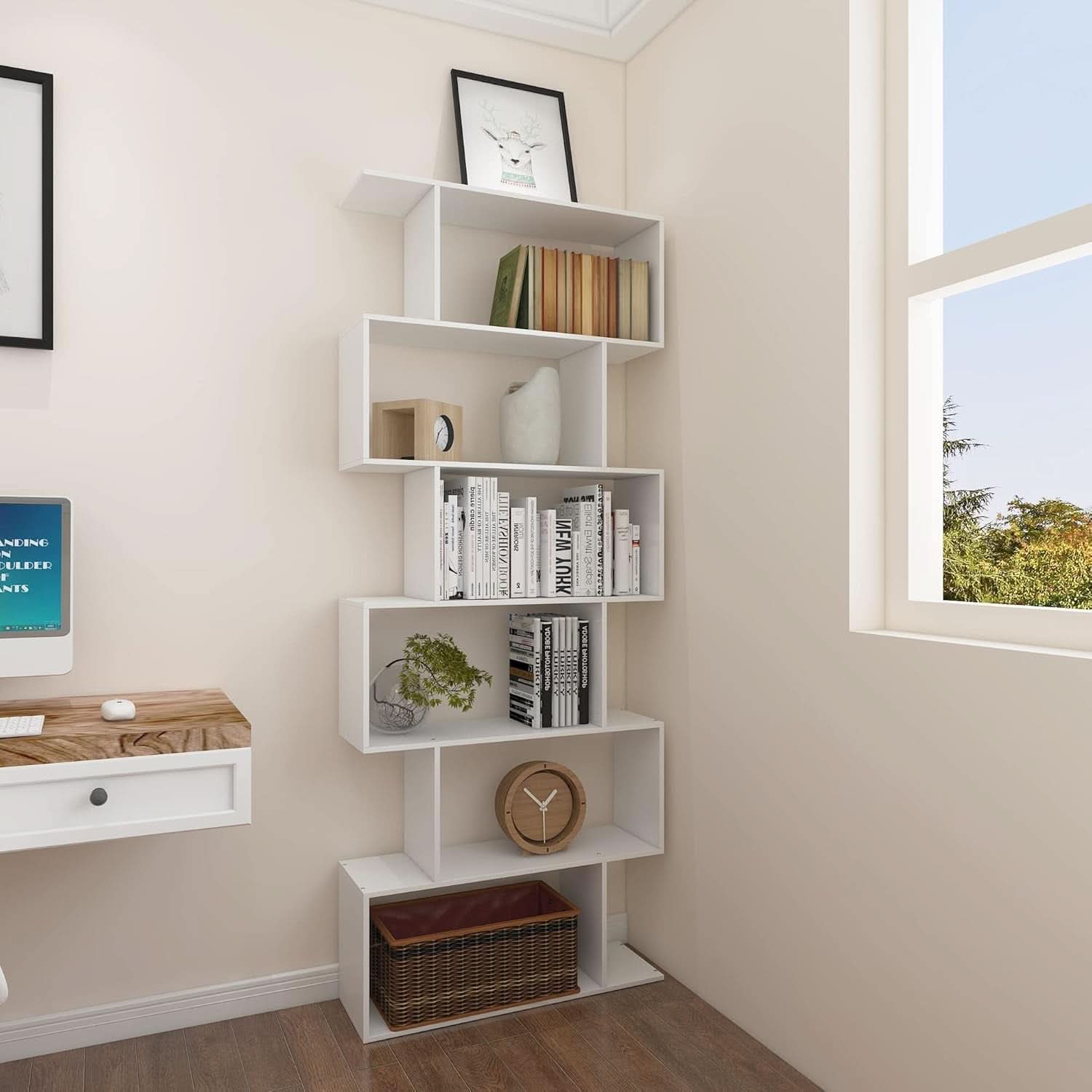 S Shaped Bookshelf White 6 Tier Display Bookcase Office