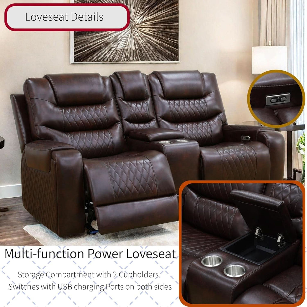 Power Reclining Sofa Set With USB Ports In Wine Leather