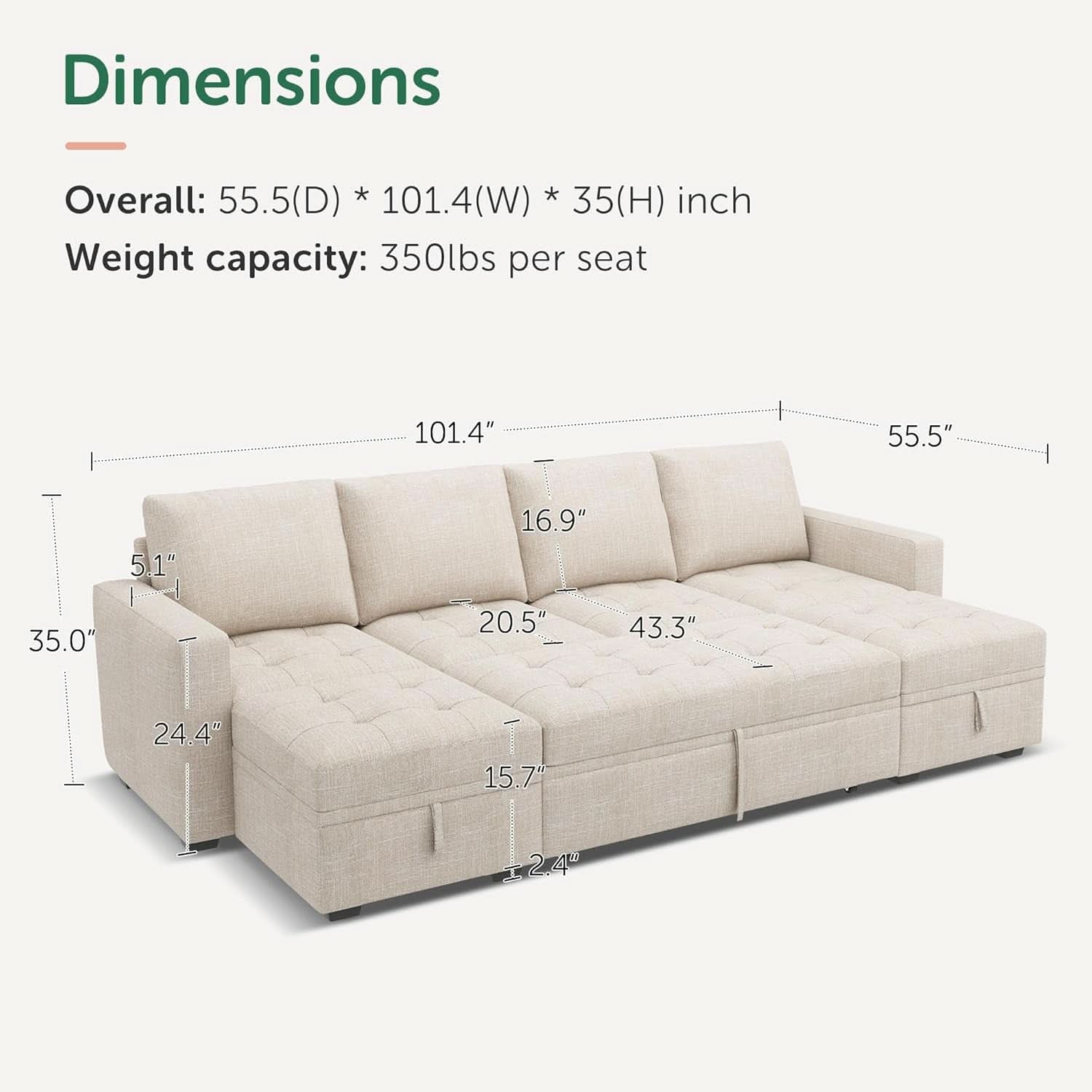 Beige Modular Sleeper Sectional Sofa with Storage