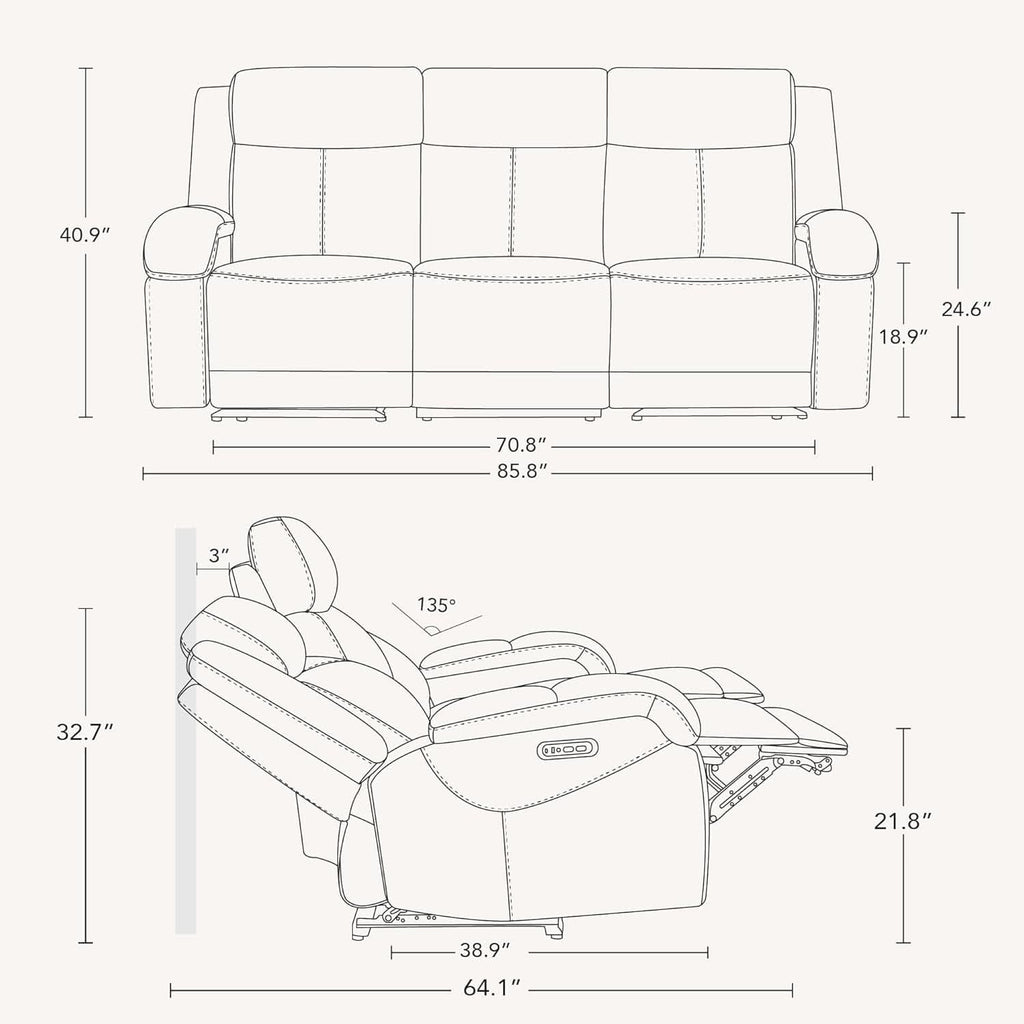 Navy Genuine Leather Power Recliner Sofa With USB Type C
