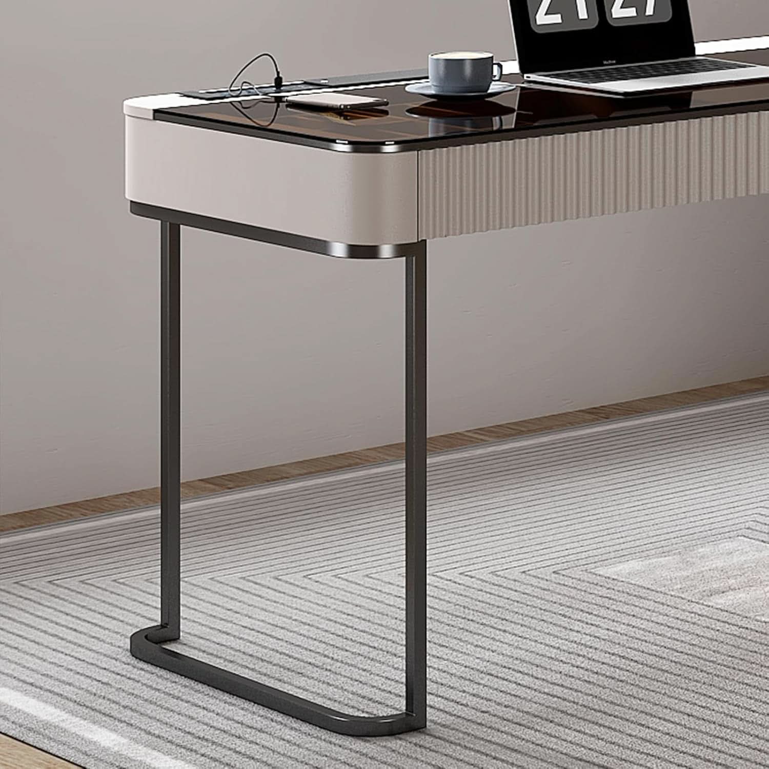 Ivory 50-Inch Office Desk with Cabinet and LED Lighting