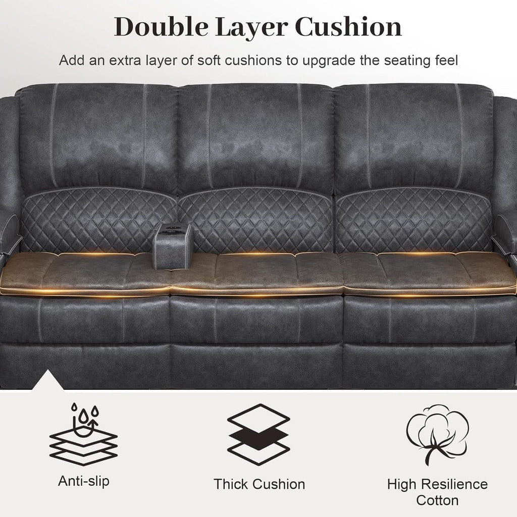 Grey Three Seater Manual Recliner Sofa Modern Living Room