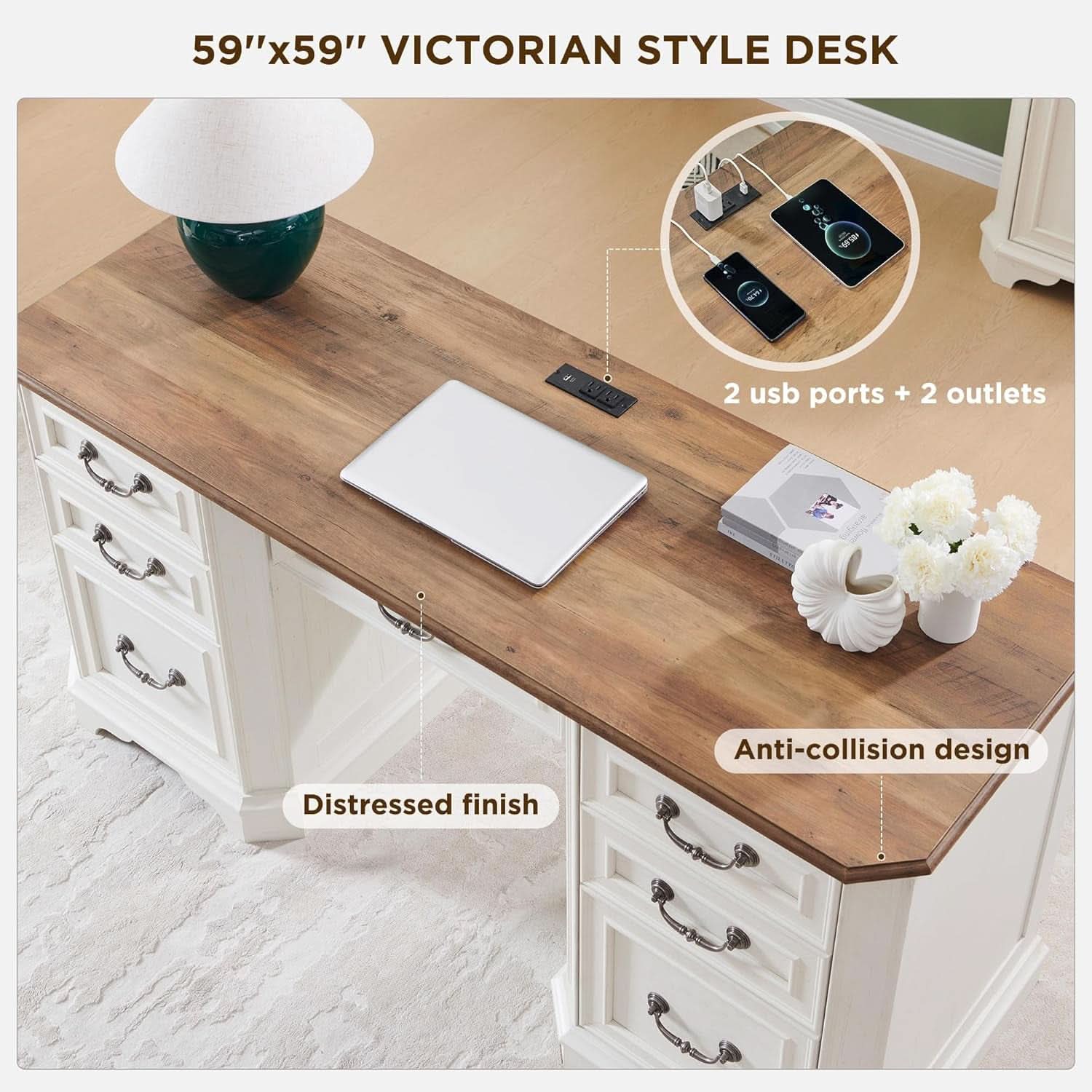 59-Inch Farmhouse Executive Desk in Antique White