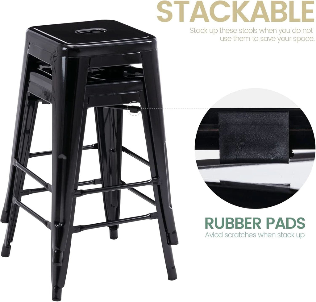 24 Inch Black Metal Bar Stools Set of 2 Backless Indoor Outdoor Square Seat Counter Height