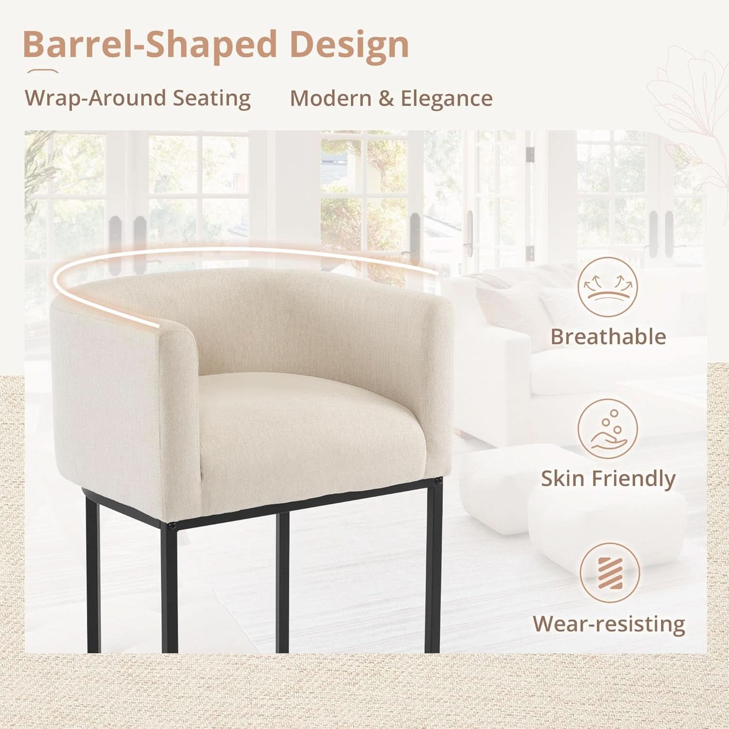 27 Inch Counter Height Bar Stool With Backrest And Armrests, Linen Upholstery, Black Metal Frame