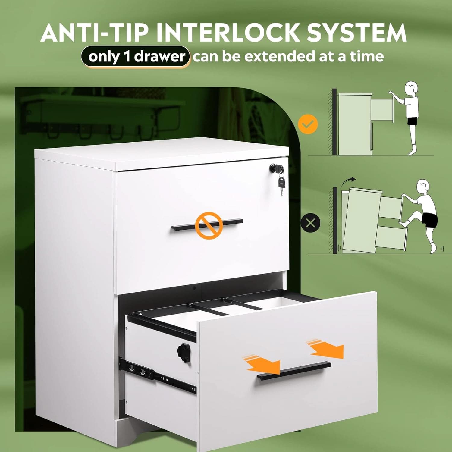 2 Drawer White Wood Lateral File Cabinet With Lock For Office Or Home Use Fits Any Desk