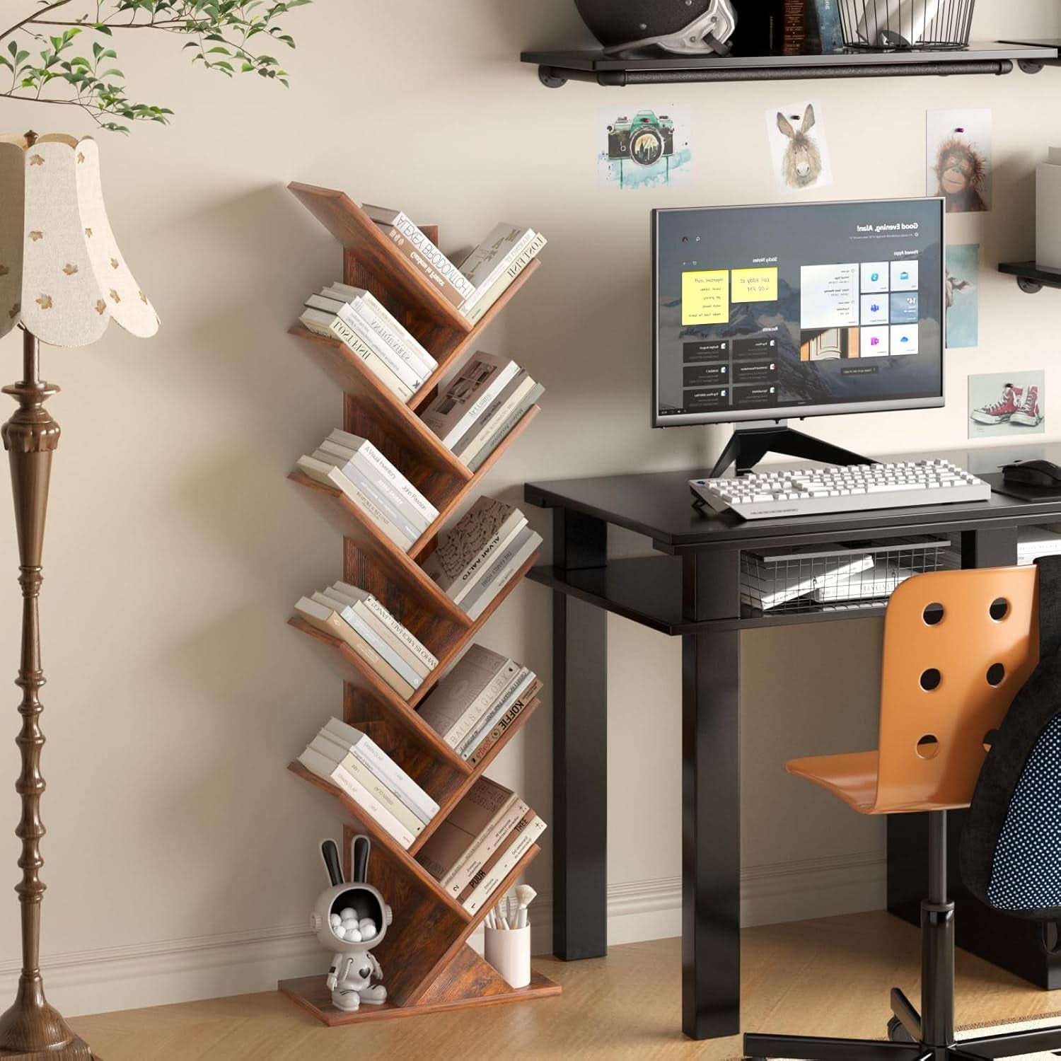 10 Tier Tree Bookshelf Brown Wood Floor Standing Bookcase For Living Room Decor Storage