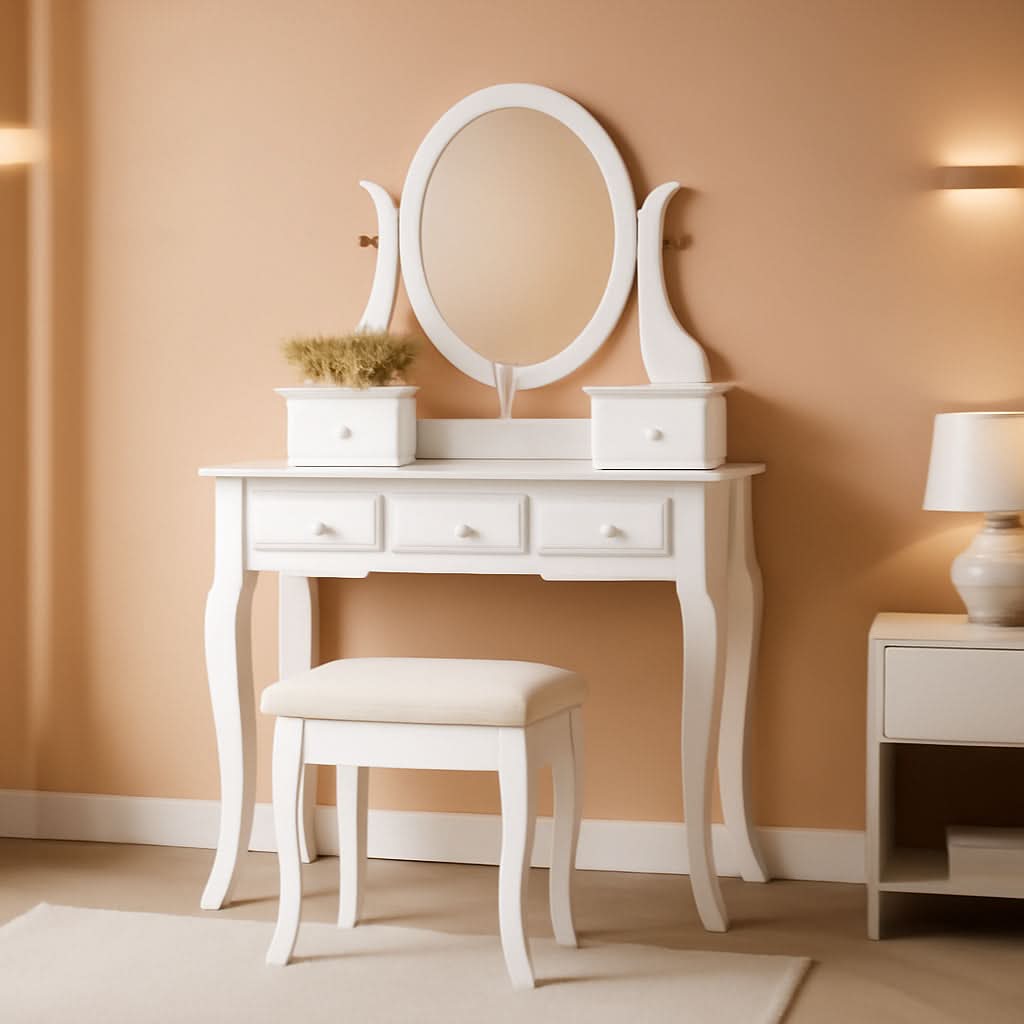 White Wood Makeup Vanity Set With Beige Upholstered Stool