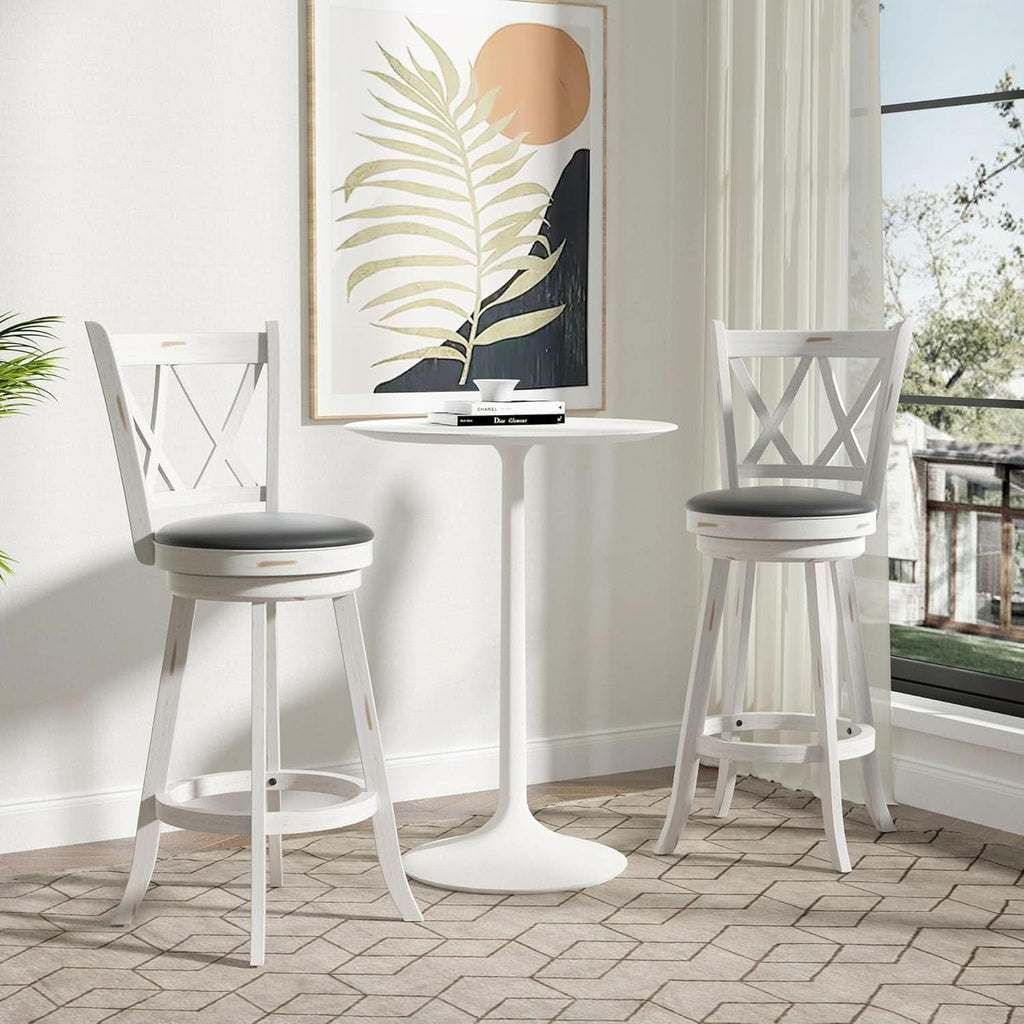 29 Inch Bar Height Swivel Stool Antique White Set Of 2 With Upholstered Seat And Comfortable Padding