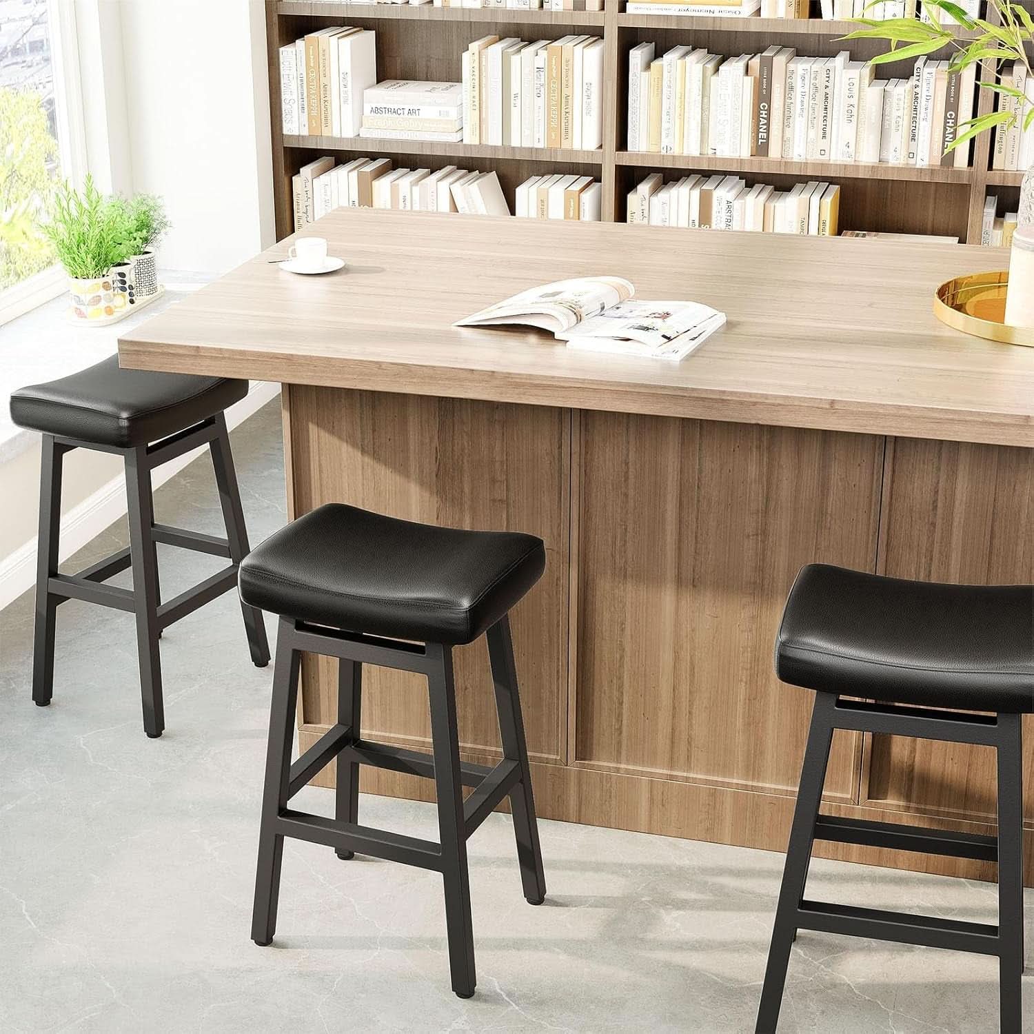 29 Inch Black Saddle Bar Stools Set of 2