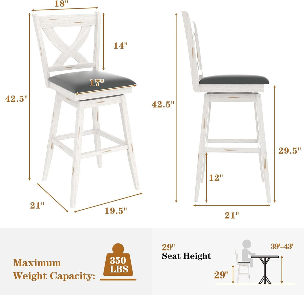 29 Inch Swivel Bar Stool With Grey Faux Leather Upholstery Antique White Wood Frame And Solid Wood Footrest Set Of 2