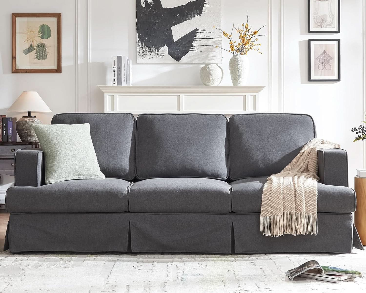 89-Inch Slipcovered Linen Grey Sofa