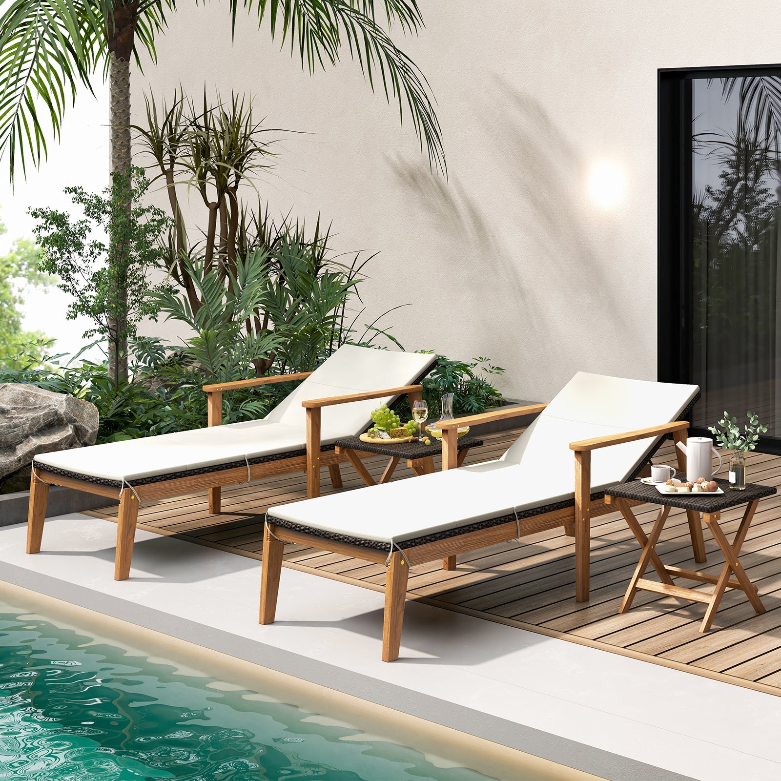 2 Piece Outdoor Chaise Lounge Chair Set Rattan Patio Chaise with Armrests