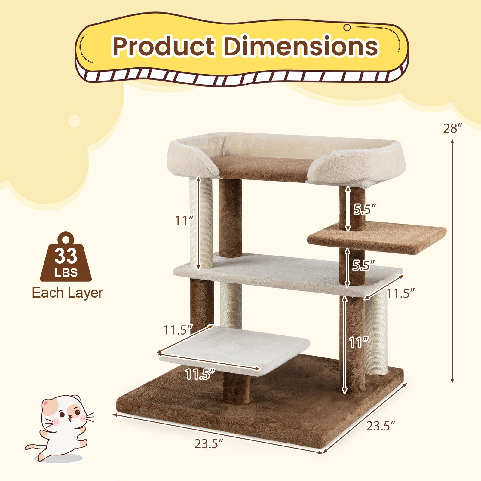 2-in-1 Cat Tree Tower Pet Steps with Sisal Scratching Posts and 4 Large Platforms-Brown