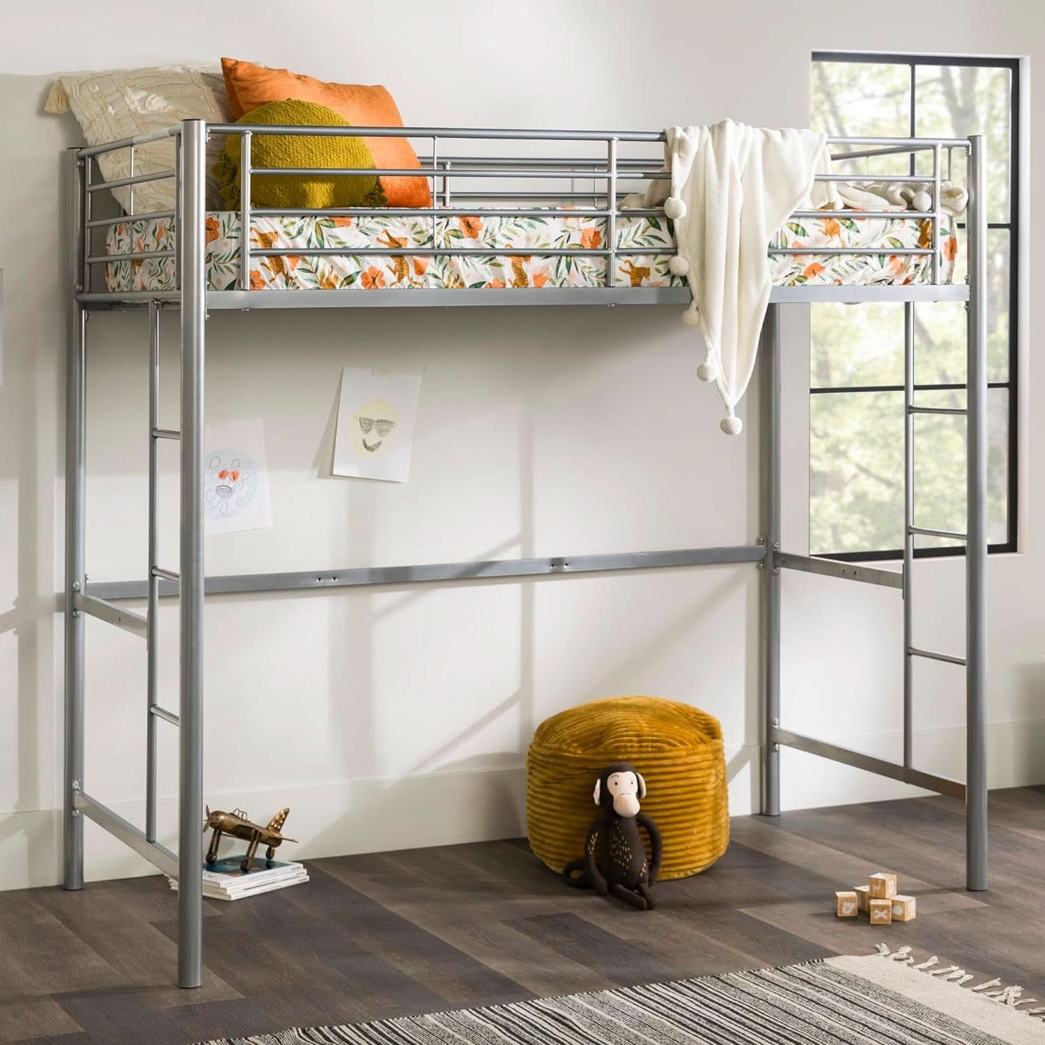 Silver Metal Industrial Twin Over Loft Bunk Bed With Ladder