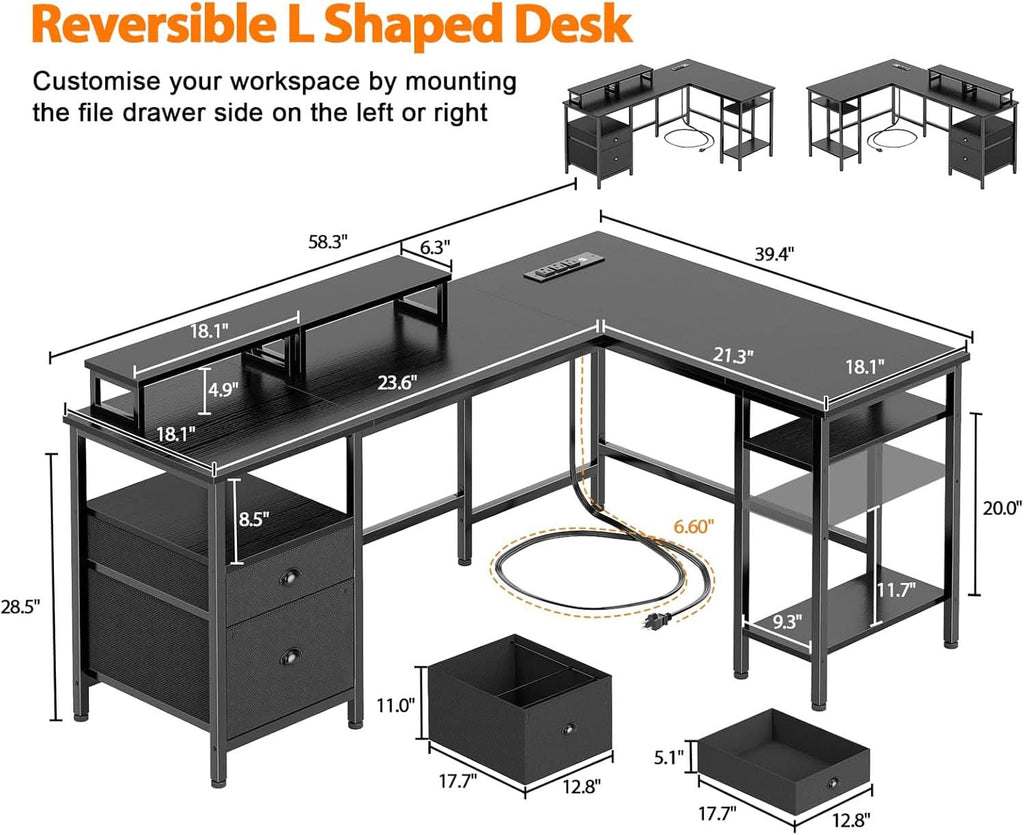 59-Inch L-Shaped Desk with Black Storage Drawers