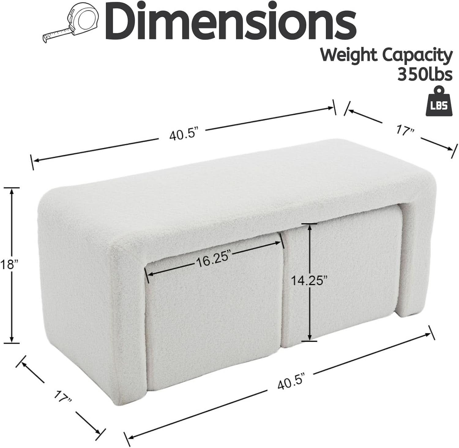 White 40Inch Lux Velvet Plus Nesting Ottoman End Bench