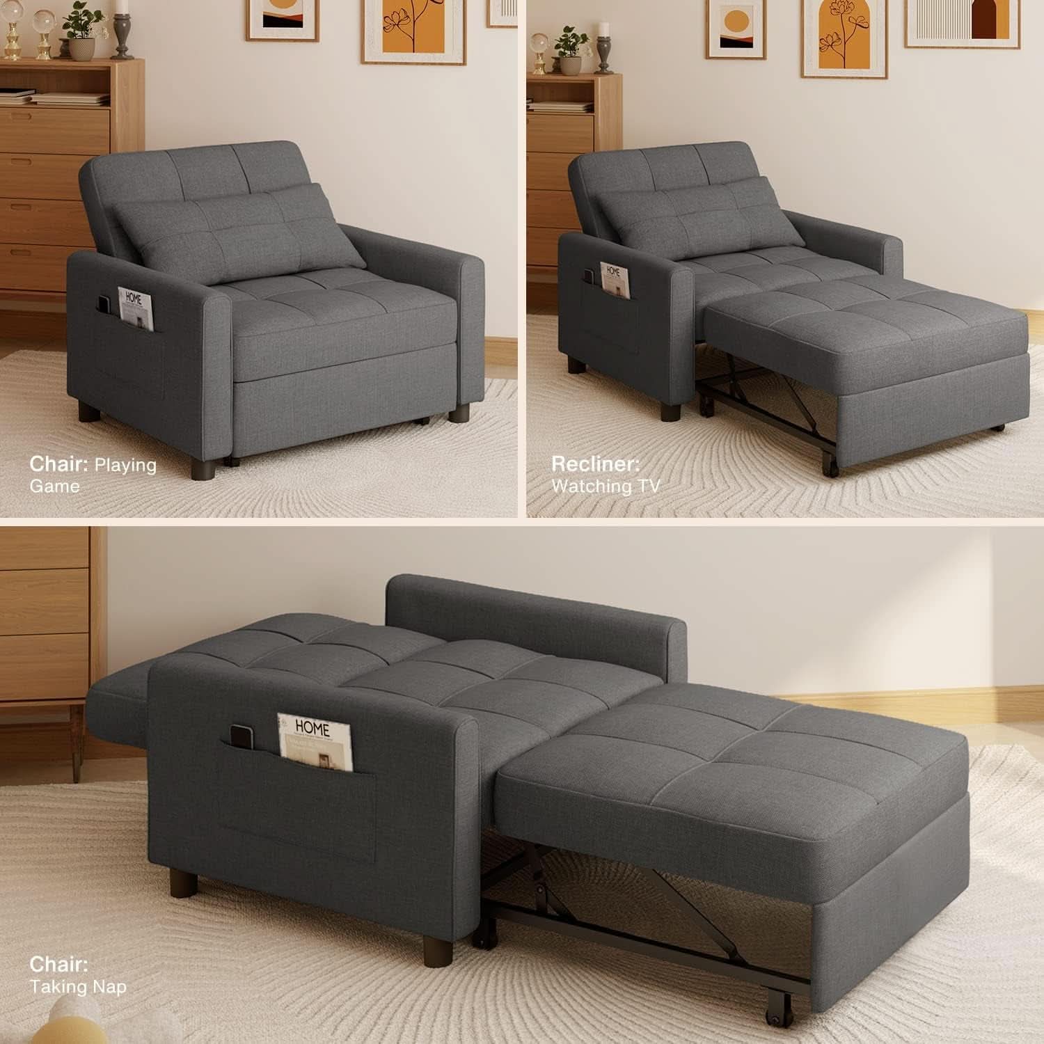 Dark Gray Sleeper Chair Bed Three In One Convertible Modern Linen Fabric Sofa
