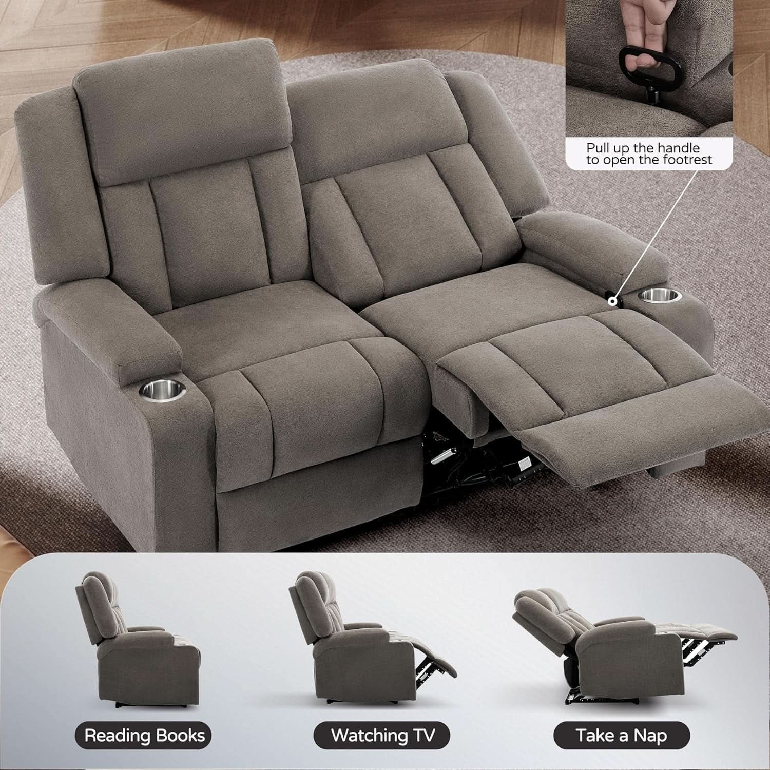 Manual Fabric Recliner Loveseat Sofa With Cup Holders 2 Seater Light Brown