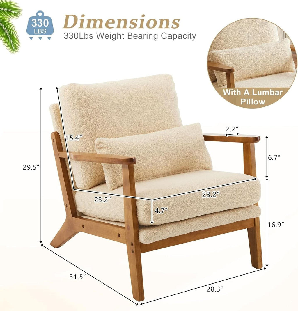 Solid Wood Armchair Khaki Teddy Velvet Upholstery With Pillow