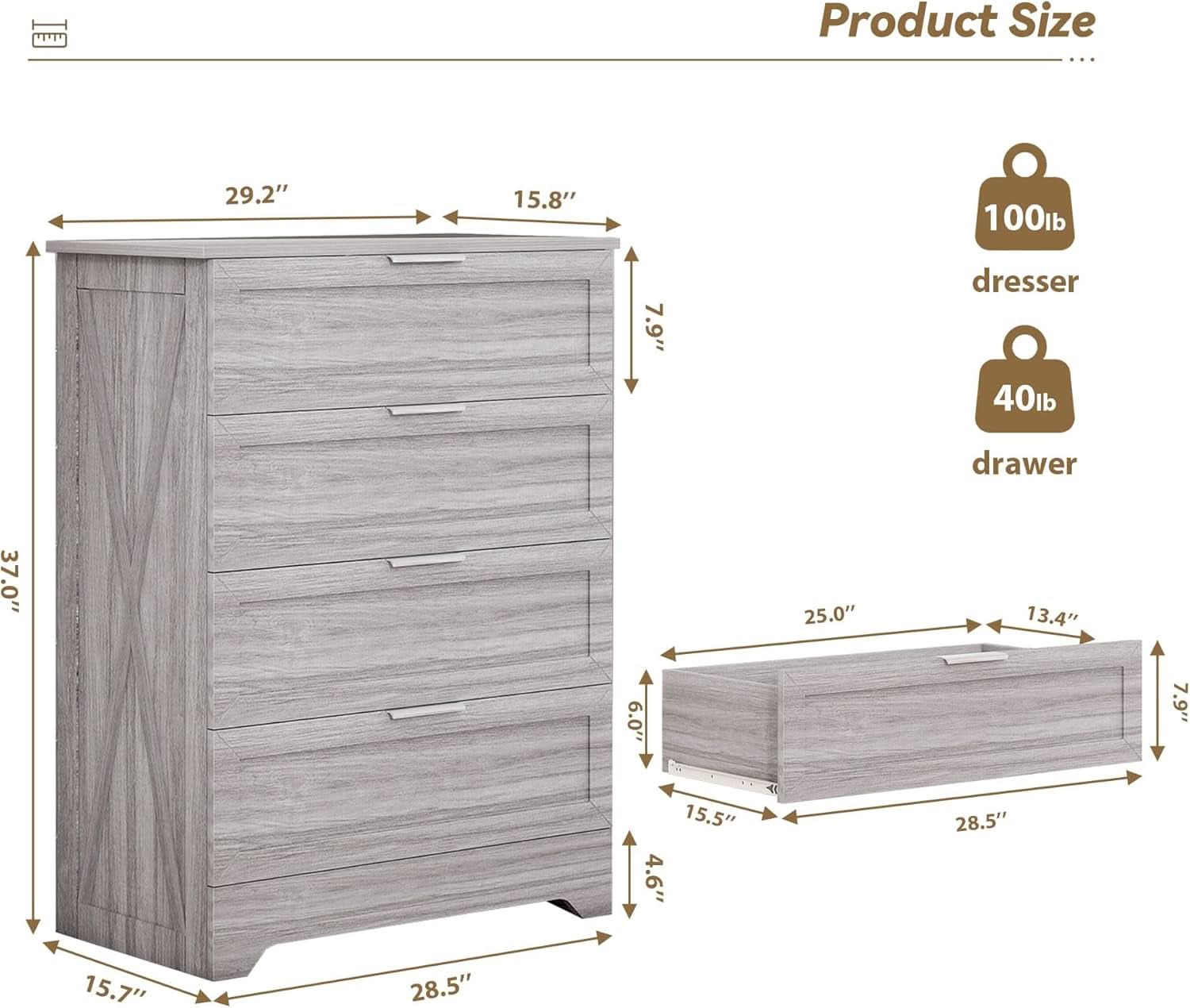 Washed Grey Farmhouse 4 Drawer Distinctive Dresser