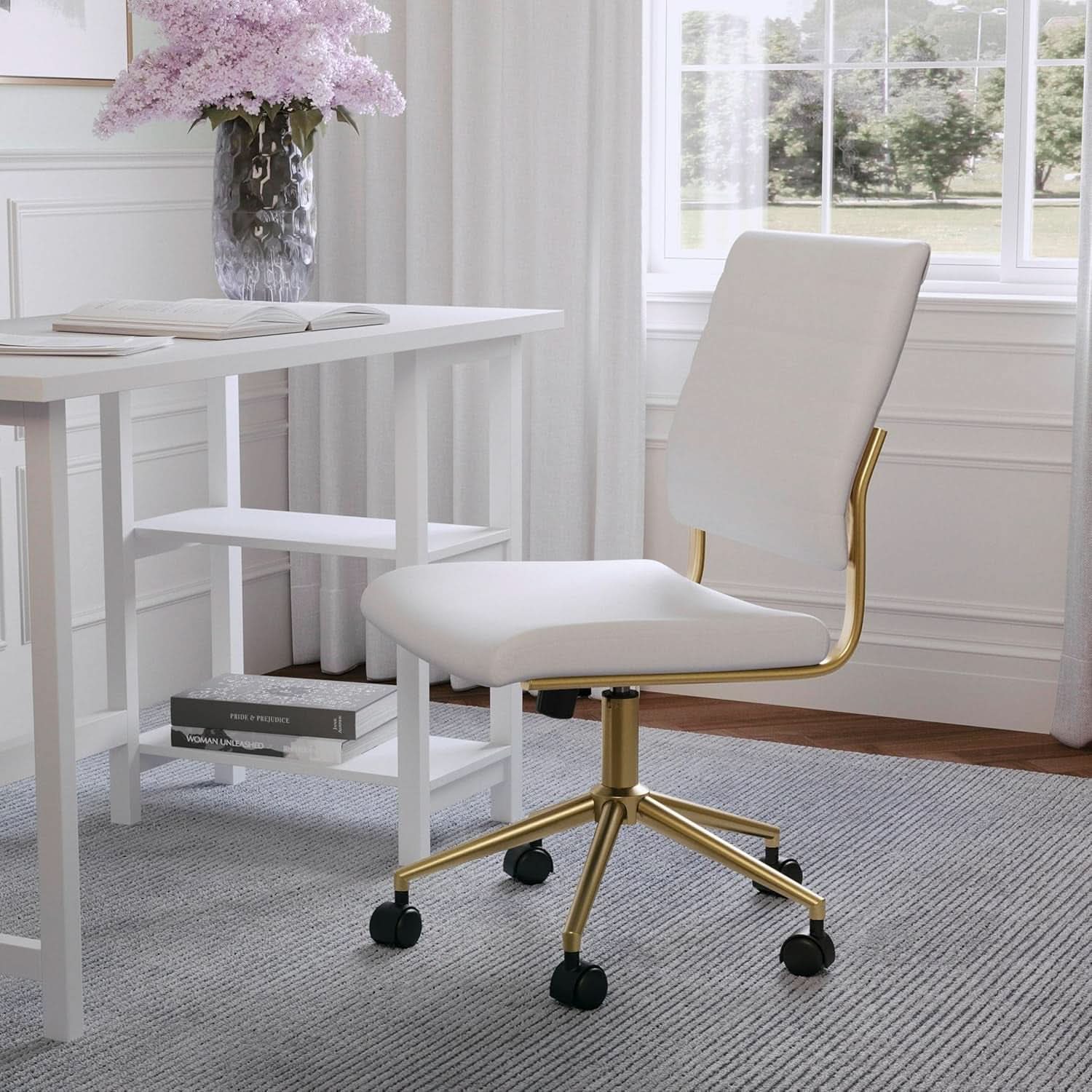 White Faux Leather Armless Swivel Chair Brass Frame