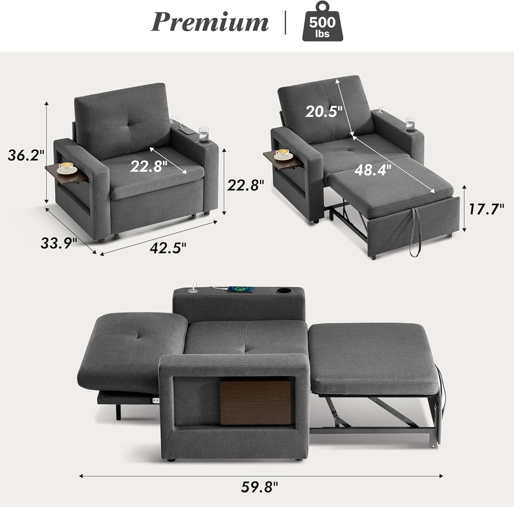3 In 1 Sleeper Sofa Chair Bed With USB Ports