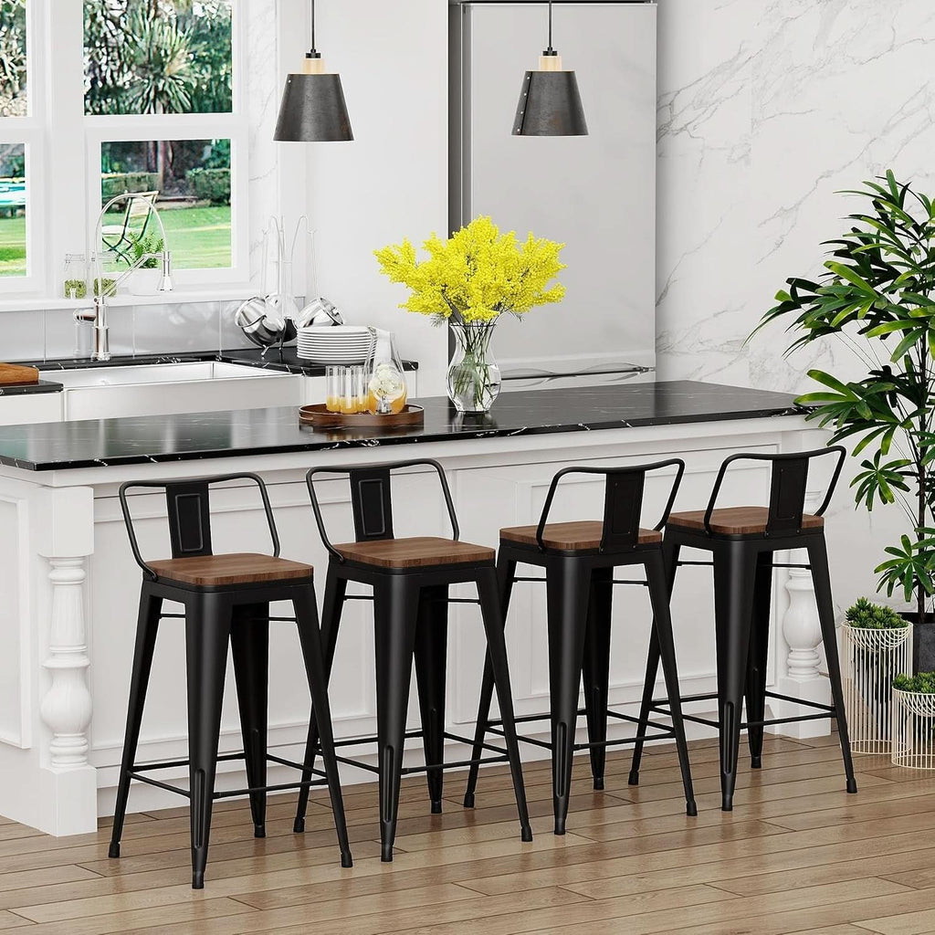 30 Inch Bar Stools Set Of 4 Matte Black Wood Seat With Back