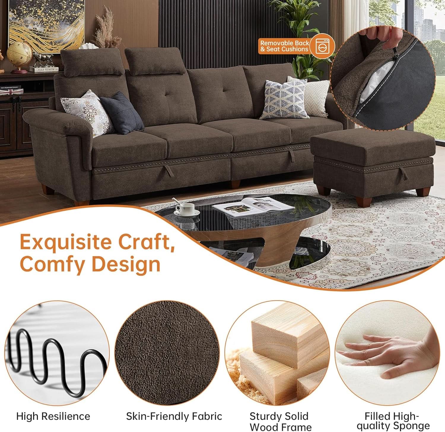 110-Inch Convertible Sectional Sofa with Storage