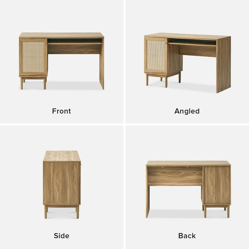 Adjustable Rattan Desk With Hidden Storage And Shelves
