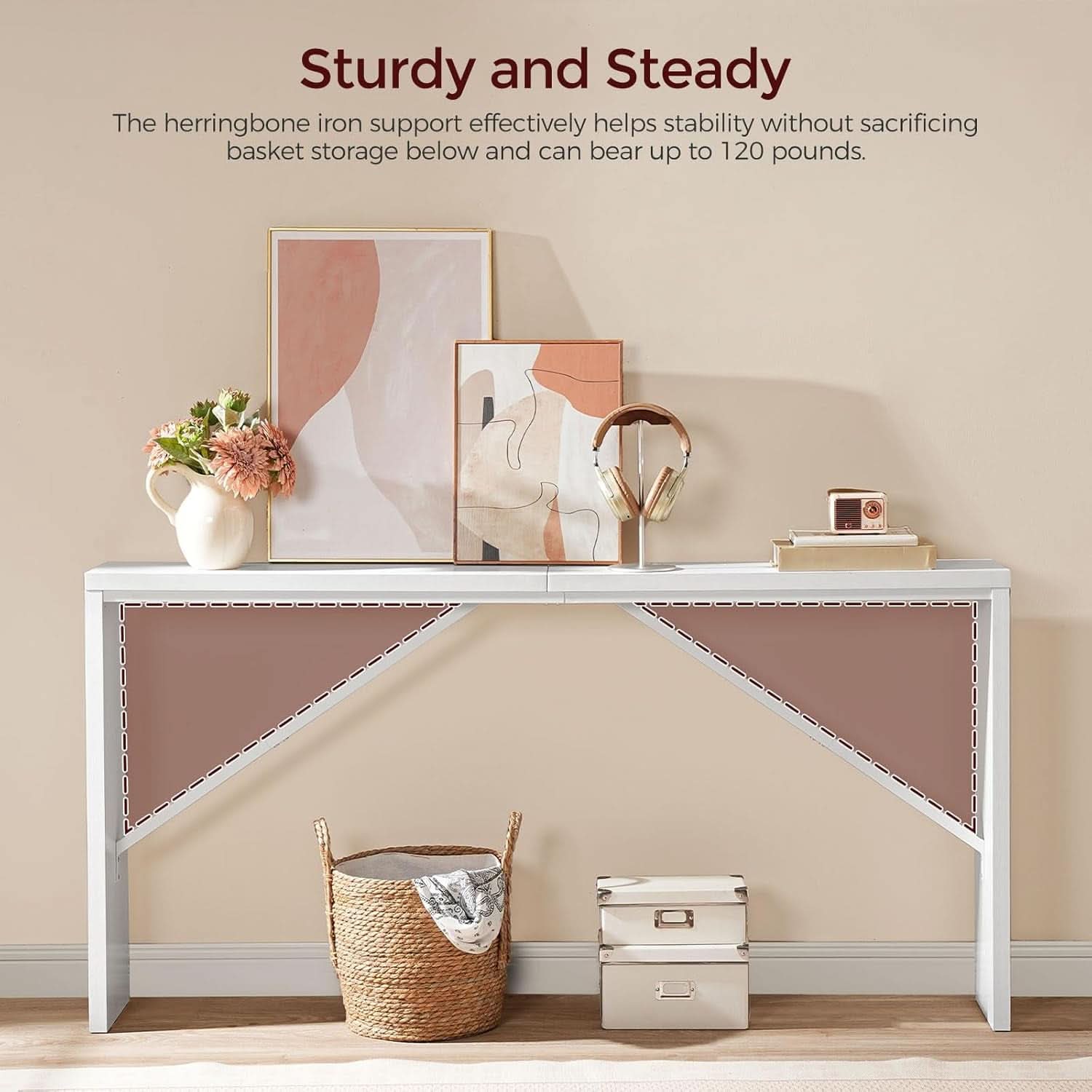 62.2-Inch Industrial White Console Table With Metal Frame