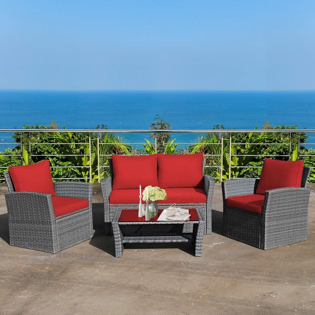 4 Piece All Weather Patio Furniture Set With Cushions And Glass Table