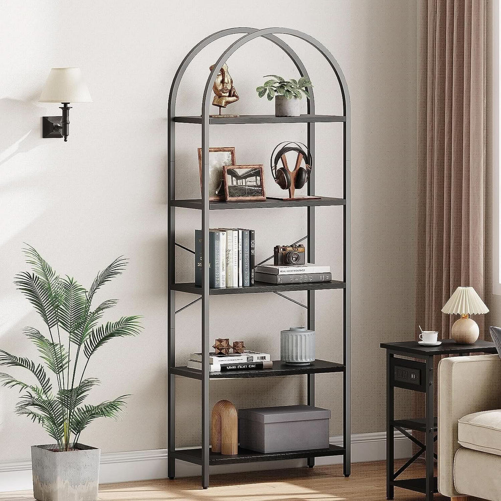 Tall Black Arched Bookcase with 5 Open Shelves