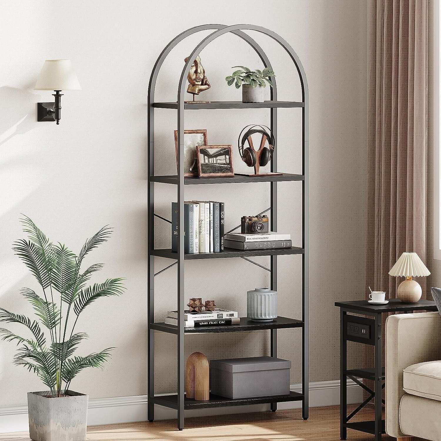 Tall Black Arched Bookcase with 5 Open Shelves