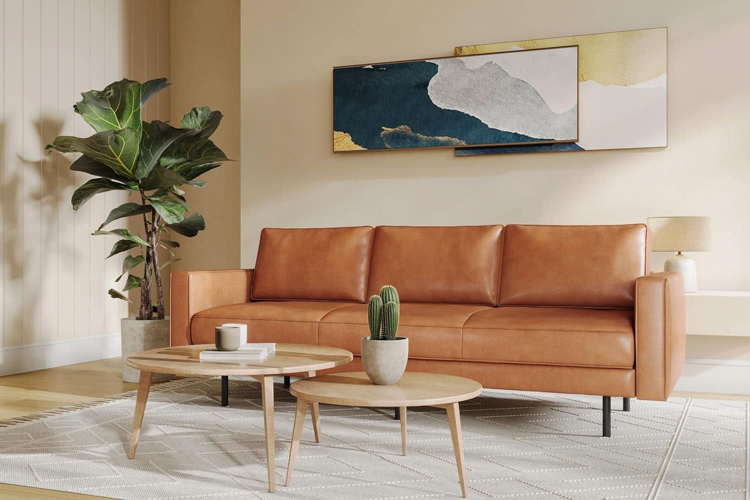 Leather Sofa 90 Inch Cognac Tan Brown Italian Nappa