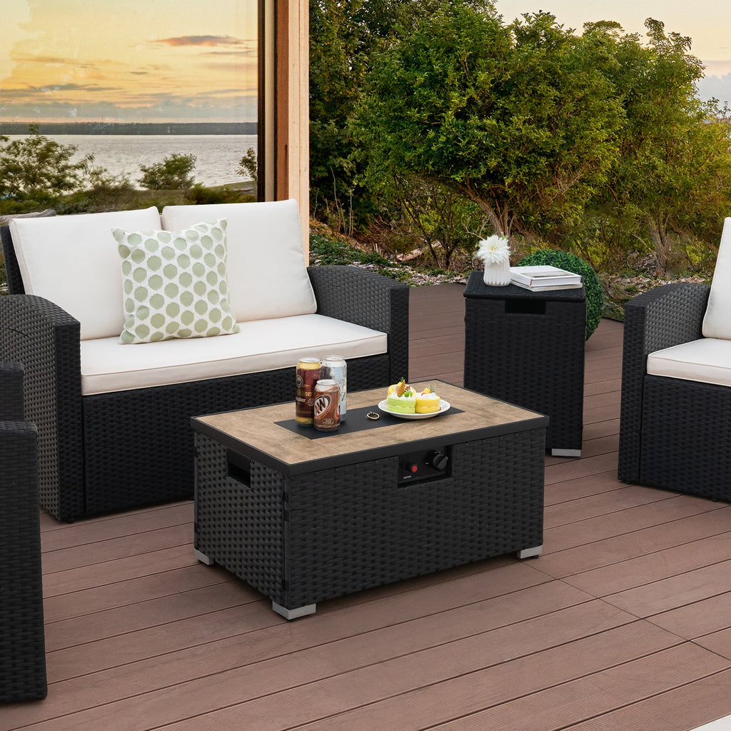 32 x 20 Inch Propane Rattan Fire Pit Table Set with Side Table Tank and Cover