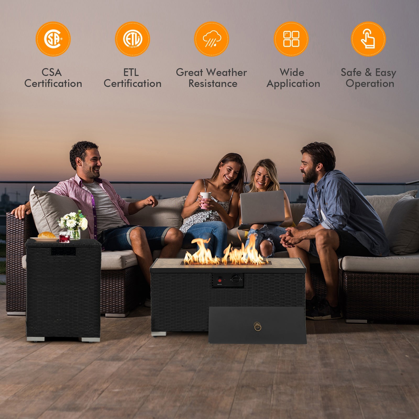 32 x 20 Inch Propane Rattan Fire Pit Table Set with Side Table Tank and Cover