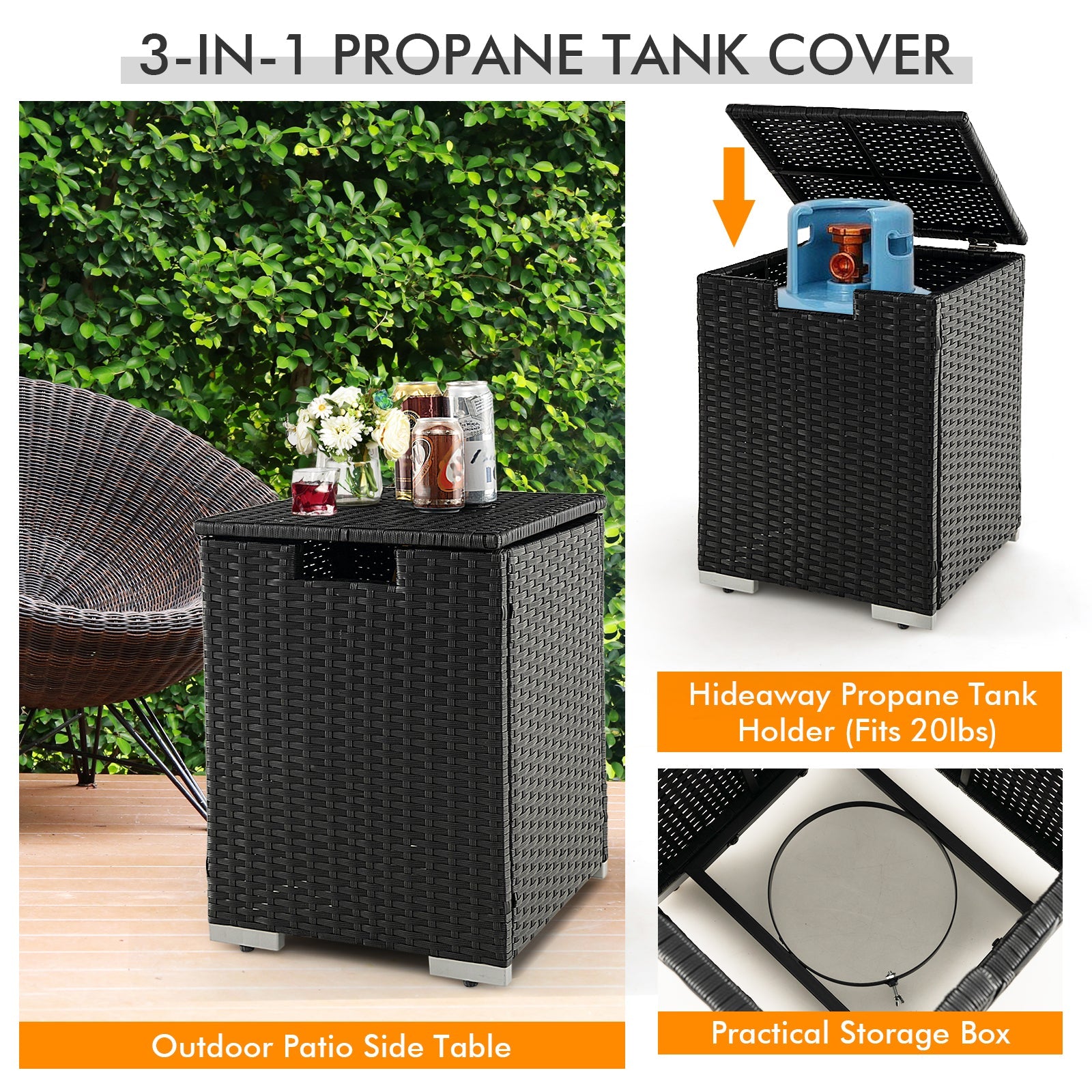 32 x 20 Inch Propane Rattan Fire Pit Table Set with Side Table Tank and Cover