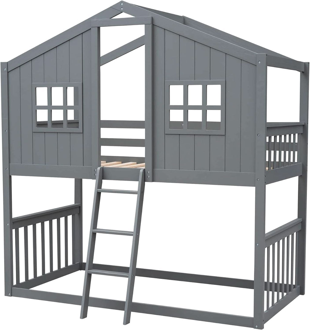 Gray Twin Over Twin House Bunk Bed With Roof For Kids
